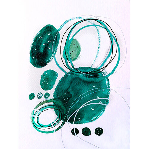Abstract watercolor painting inspired by Saturn and Neptune, featuring emerald green hues and white graphical elements, evoking the mystique of distant planets and the boundless cosmos.