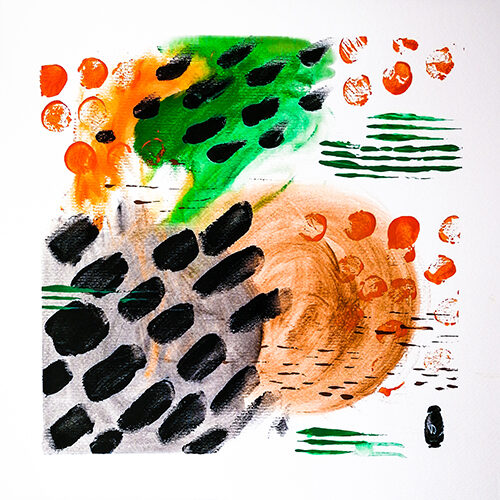 Abstract painting made with untypical tools like a fork, fingertips, paper napkins or bottle caps, as well as with untypical colors that the artist does not normally use - black, green and orange.
