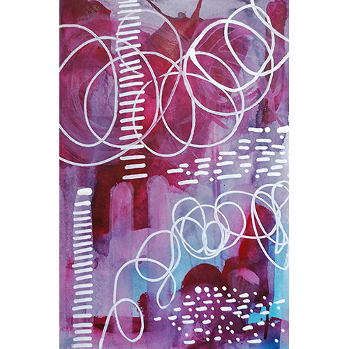 An abstract acrylic painting on rough paper featuring a purple background and daring white graphic elements, evoking the spirit of impossible yet cherished dreams.
