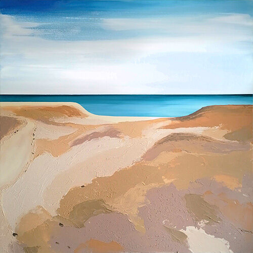An abstract painting capturing the view of the sea from a sandy coast, evoking the sensation of standing in awe of nature's grandeur and feeling the overwhelming beauty of the world.