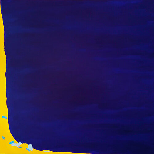 Abstract painting 'The Edge I' featuring vibrant yellow and blue contrast colors, provocatively shifted composition, and a sense of chasing the elusive